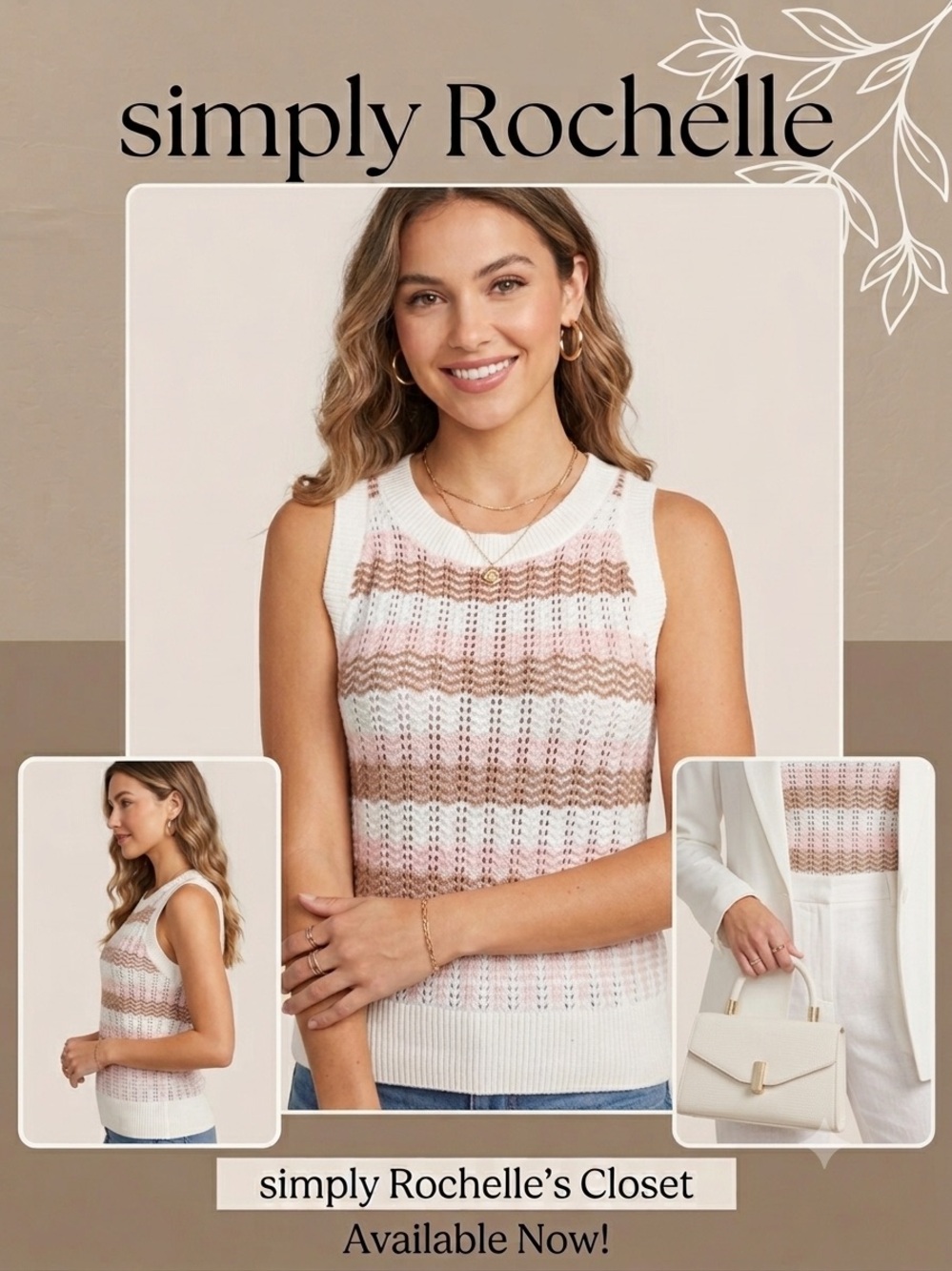 LOFT White and Blush Striped Knit Sleeveless Vest